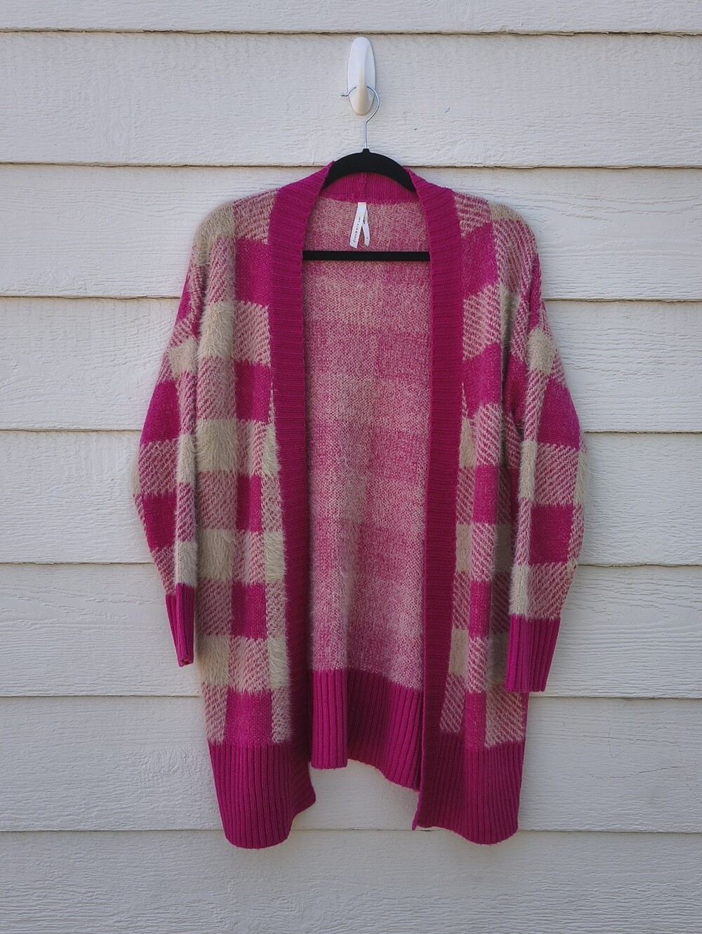 Dreamers By Debut Pink and Cream Plaid Open-Front Cardigan